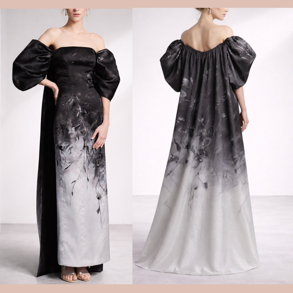 NEW Marchesa‎ Notte [ 4 ] Off Shoulder Cape Back Column Gown Black/Silver #J2157